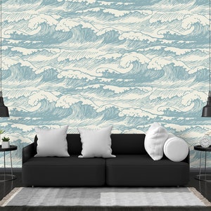 Ocean Waves Wallpaper: Removable Peel and Stick, Blue Nautical Decor
