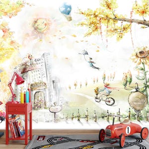 Carta da parati per bambini con acquerello del castello di Rapunzel, case della foresta delle fate, murale autoadesivo rimovibile, decorazione per la cameretta dei bambini, murale da parete staccabile per la cameretta dei bambini