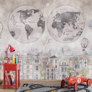 Retro World Map Wallpaper Kid Wallpaper, abziehen und aufkleben, moderne Tapete