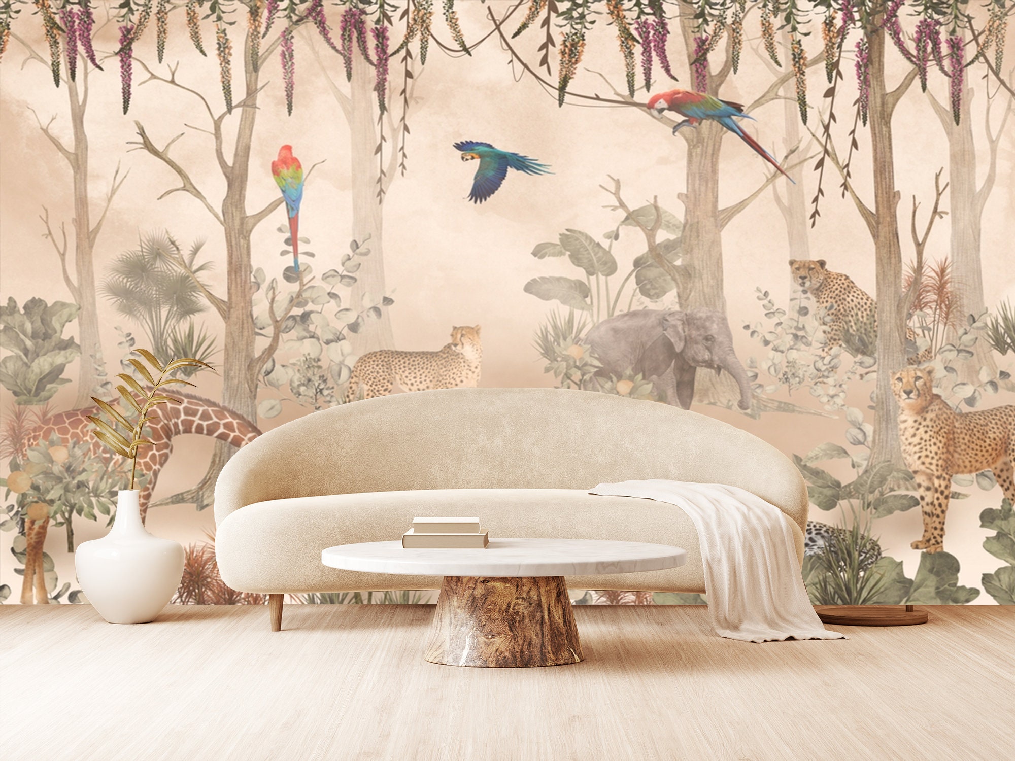 Safari Jungle Animals Wallpaper: Peel and Stick Nursery Mural - Etsy