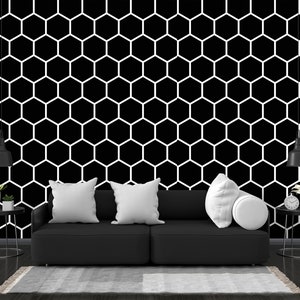 Black White Hexagon Wallpaper, Bathroom or Kitchen Tile Peel and Stick Wallpaper