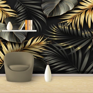Realistische dunkle und goldene Blätter 3D Tapete, Wandbespannung, Schälen und Aufkleben - Vlies