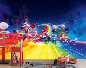 Mural de pared de Super Mario Go-Kart: papel pintado extraíble y autoadhesivo