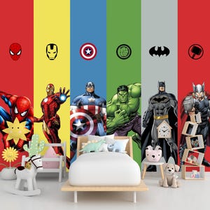 Carta da parati Supereroi, Carta da parati Avengers, Murale Marvel per la cameretta dei bambini, Stelle Avengers, Murale staccabile e attaccabile, Murale per la sala giochi dei bambini