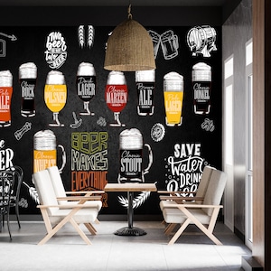 Papel tapiz de cerveza de barril - Mural de pared para bar de casa - Decoración de pared con bebidas - Papel tapiz de pub local - Papel tapiz de fondo de pizarra para cafetería y bistró