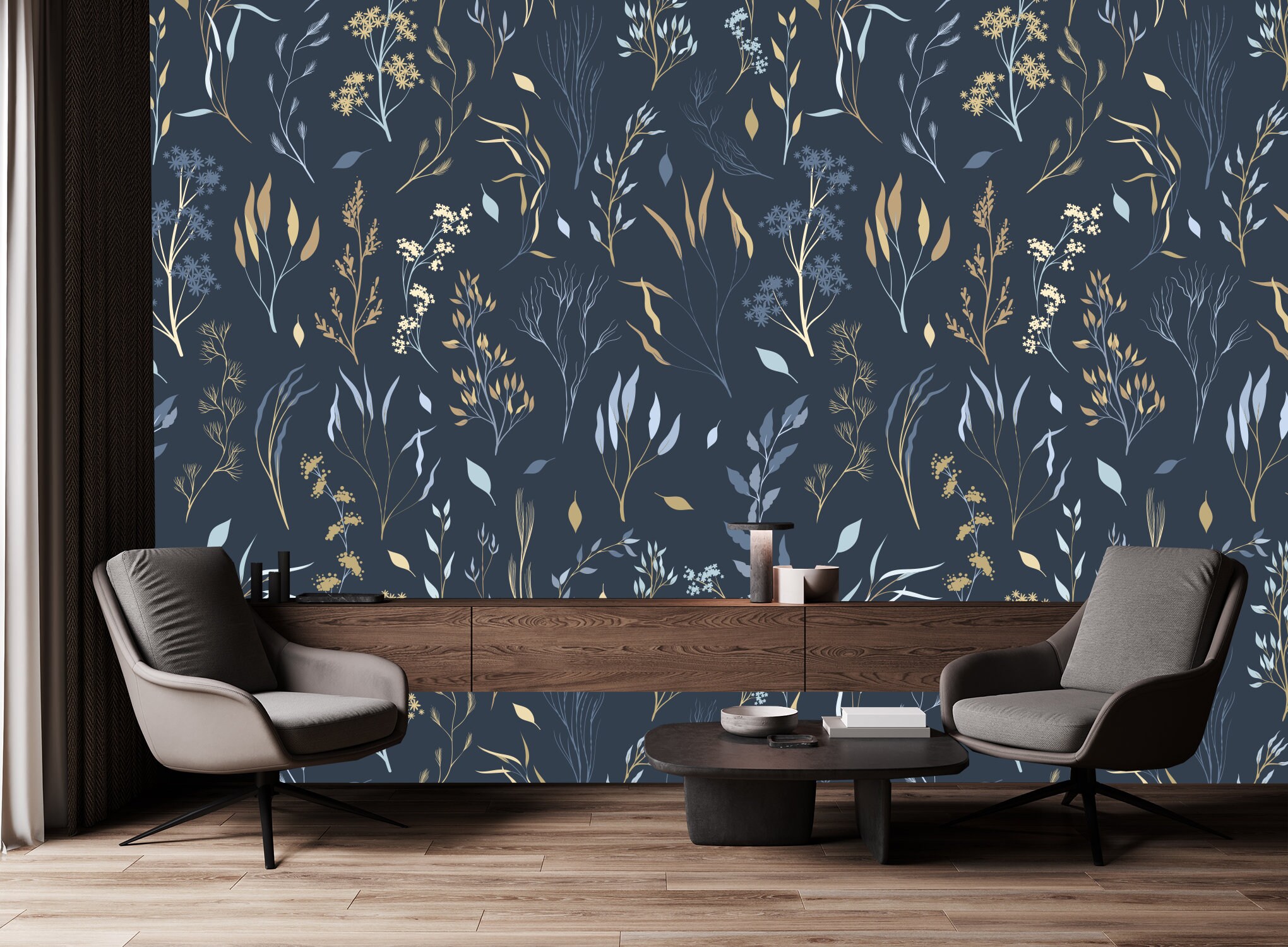 Dark Blue Wallpaper Gold Color Twigs Wallpaper Vintage Navy Etsy