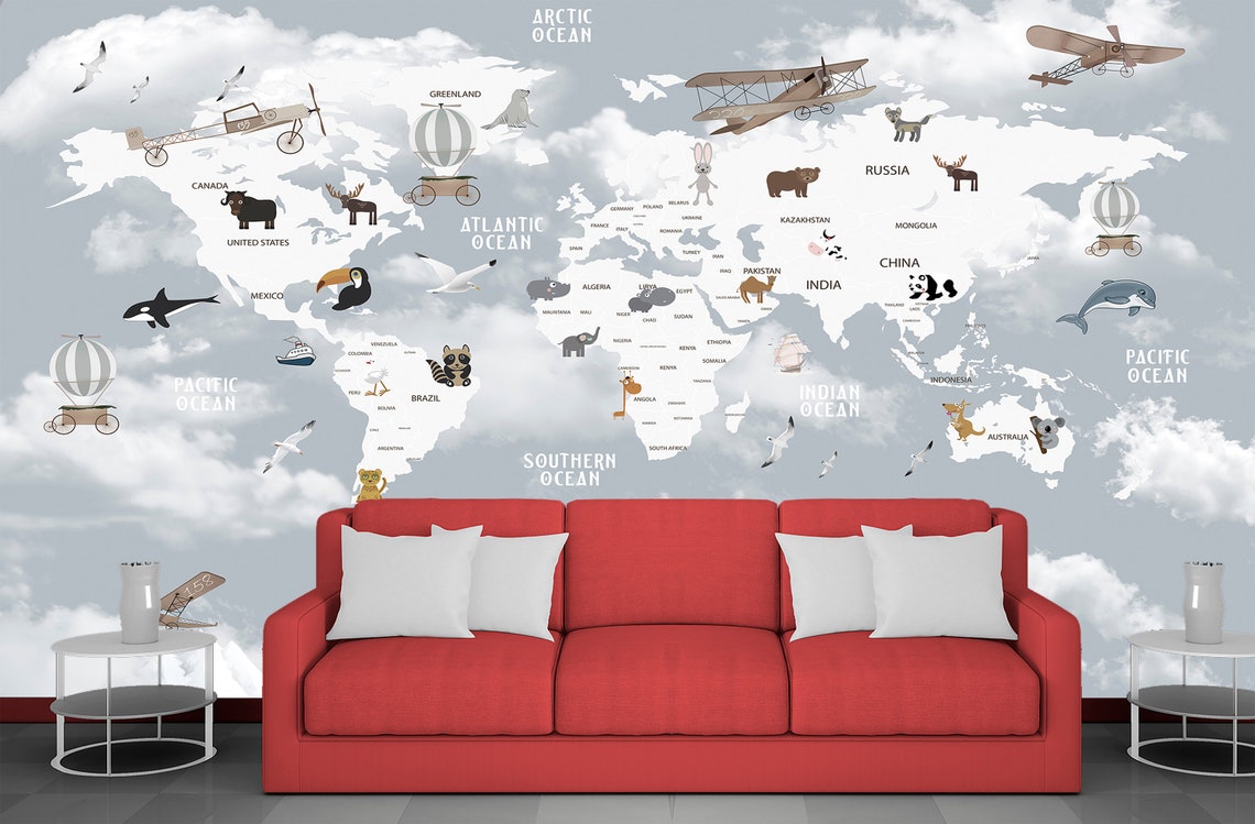 World Map Animals. Wallpaper Etsy