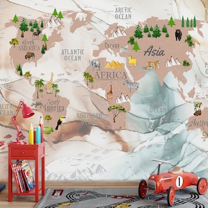 Carta da parati con mappa del mondo per bambini, carta da parati per bambini staccabile e adesiva, carta da parati rimovibile per bambini, mappa del mondo educativa, decorazioni autoadesive per la cameretta dei bambini