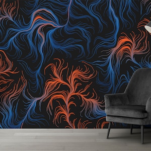 Red and Blue Lit 3D Flowing Spreading Curving Pattern Wallpaper  Peel And Stick - Non Woven