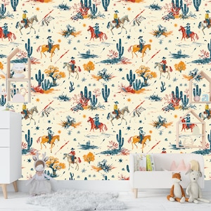 Kid Cowboy Wallpaper, West Texas Wall Mural, Peel and Stick Wall Paper Farm House Horse Wallpaper, Home Decor, Brown Wallpaper