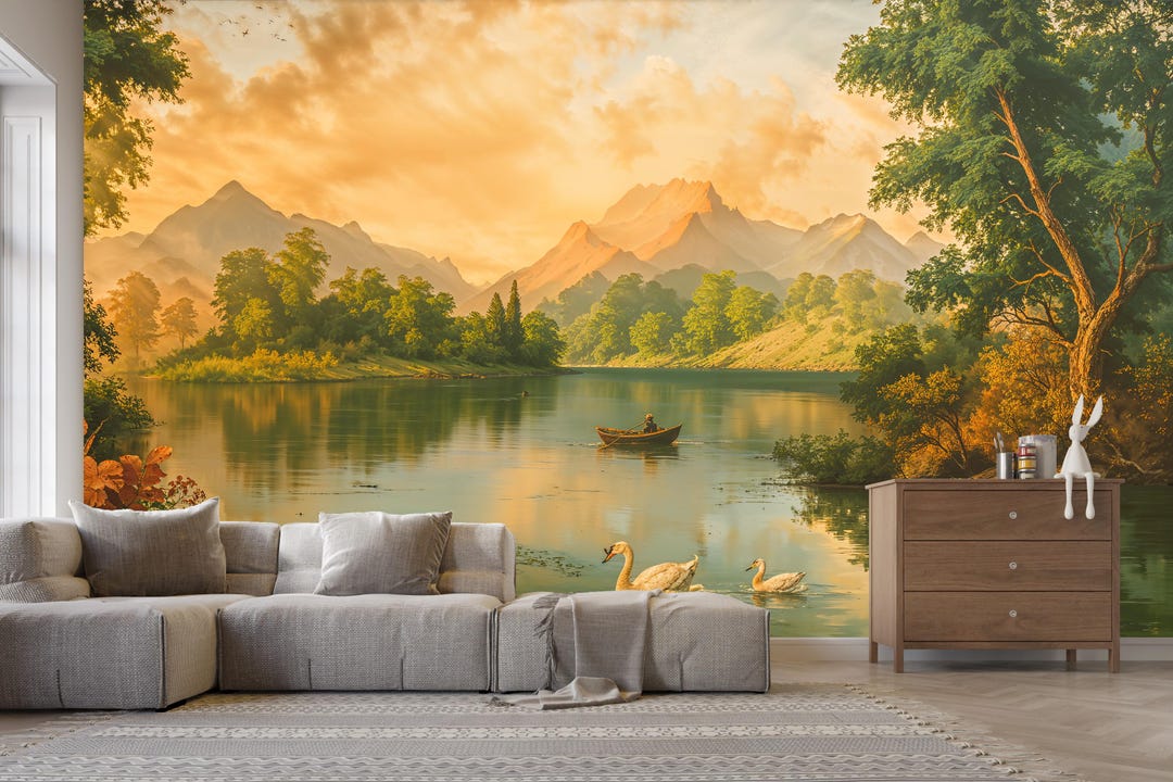 Scenic Lake Mountain Wallpaper Kids Room Mural, Traditional Oil ...