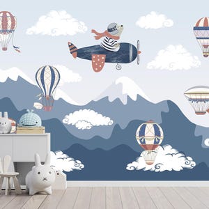Kids Hot Ballon Wallpaper Nursery Air plane Wallpaper Baby wall art child mountains wallpaper art custom size Peel and Stick
