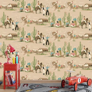 Wild West Cowboy Themed Wallpaper, Western Aesthetic Wallpaper, Cactus Wall Decor, Traditional and Peel and Stick Wallpaper