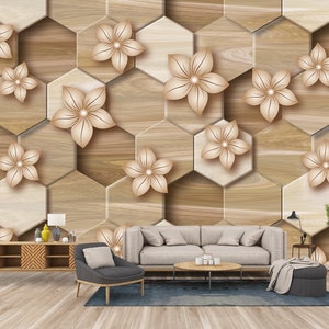 Flowers Wood Hexagons Geometric Wallpaper Hi-Tech & Wall Mural Print Peel and Stick Wall Art Decor Home Games Room