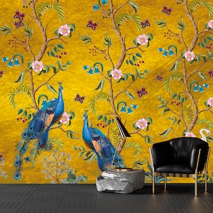 Chinoiserie Blumen und Vögel Wallpaper, Pfau, Schälen und Aufkleben, Poster, Klassische Kunst, Wohnzimmer, Tapete