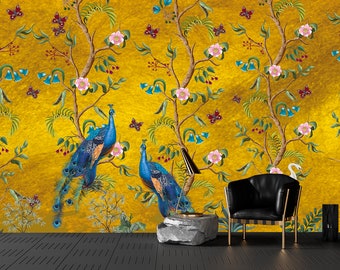 Chinoiserie Peacock Wallpaper: Flowers & Birds, Peel and Stick