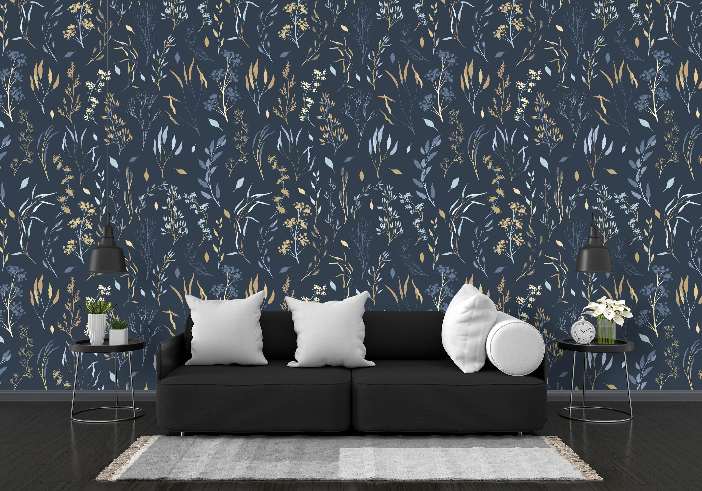 Dark Blue Wallpaper Gold Color Twigs Wallpaper Vintage Navy Etsy