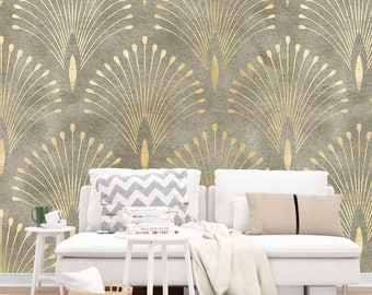 Art Deco Gold Metallic Wallpaper: Brown Beige Peel and Stick
