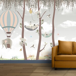 Carta da parati rimovibile, murale per la cameretta dei bambini, relax sull'albero, koala, elefante con mongolfiera, vinile o autoadesivo