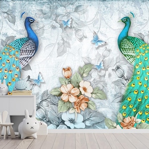 Green Chinoiserie Wallpaper Mural, Peacock Peel & Stick Wallpaper, Chinese Peacock Mural Wallpaper, Chinoiserie Peel and Stick Wallpaper