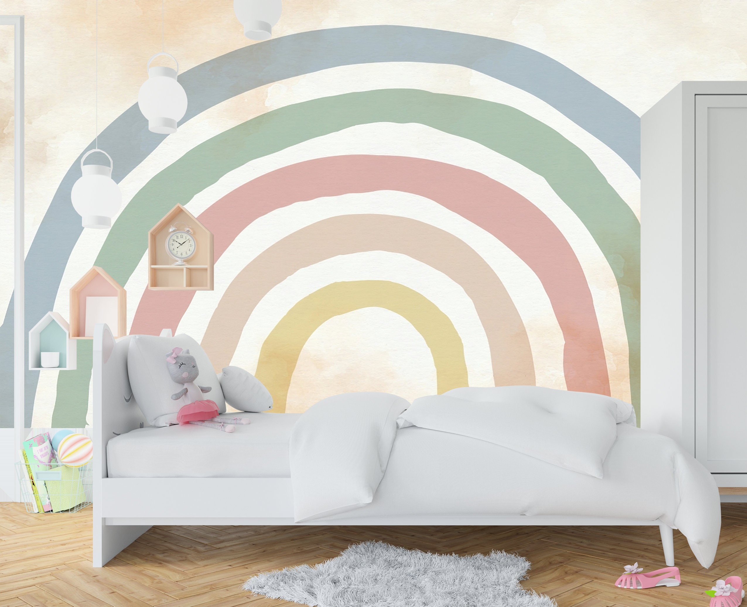 Pastel Rainbow Wall Paper Kids Nursery Boho Rainbow Pattern Wall Mural ...