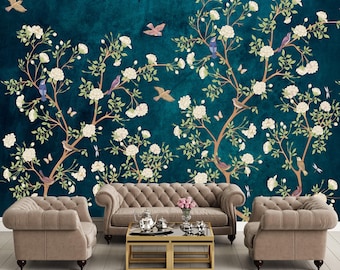 Chinoiserie Blaue Tapete: Kirschblüten-Vogel Wandbild, schälen und aufkleben - Vlies