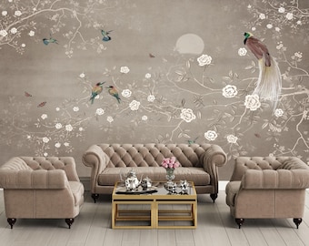 Chinoiserie Bird and Floral Wallpaper: Vintage Botanical Mural (Peel and Stick)