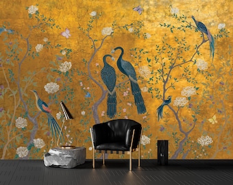 Chinoiserie Floral Watercolor, Crane Birds, Peacock Wallmural / peel and stick wallpaper vinyl wallpaper wallpaper room
