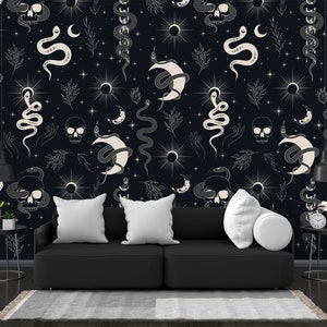 Darkness Magic and Skull Wallpaper, Mysterious Moon, Skull and Snake Peel and Stick, Moody Dark Botanical Wallpaper, Dark Academia Wallpaper
