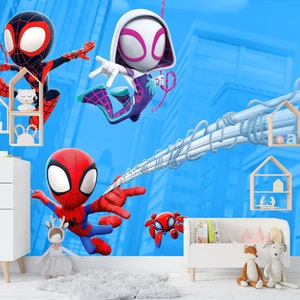 Superheld Spider and His Amazing Friends Wallpaper Peel Stick, blauwe cartoon Spiderman-behang Game Room, muurschilderij decor kinderkamer