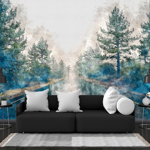 Forest Path Watercolor Wallpaper Peel and Stick Hand Drawn Trees Mural, Mystical Forest Modern Woodsy Art Decor Decal