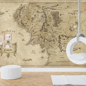 Le Seigneur des anneaux, papier peint carte ancienne de la Terre du Milieu, papier peint carte de film, Hobbit, Frodon, Gandalf papier peint design maison autocollant