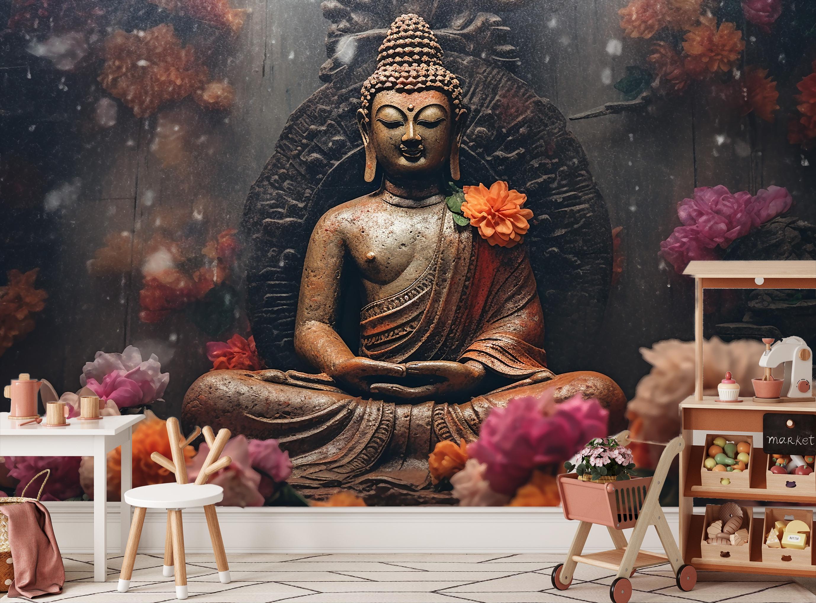 Rustic Buddha Statue Wallpaper: Spiritual Zen Floral Wall Art - Etsy