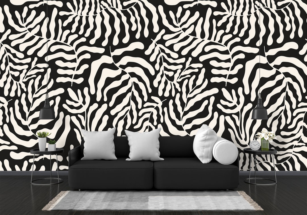 Black Palm Leaves Peel and Stick Wallpaper, Exotic Leaf Wallpaper ...