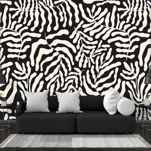 Schwarze Palmenblätter Schälen und Aufkleben-Tapete, Exotische Blatt-Tapete, Moderne Geometrische Schwarz-Weiß-Tapete, Monochrome Blatt-Tapete