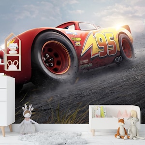 Papel tapiz para habitación infantil con autos de carrera Lightning McQueen, mural de pared para habitación infantil con dibujos animados, autoadhesivo y extraíble