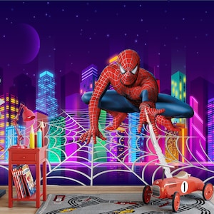 Spiderman Wallpaper: Neon Night Cityscape, Superhero Wall Mural