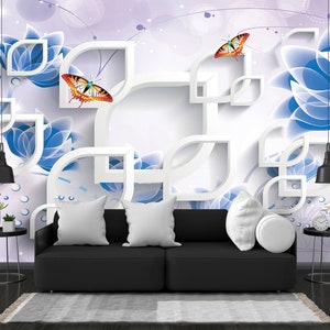 Blue and White Flowers Wallpaper Modern Background Wallpaper, Peel And Stick Wallpaper, Vinyl Wallpaper, Wallpaper Room