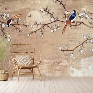 Cherry Blossom Wallpaper Chinoiserie Birds and Flowers, Soft Pastel Background, Elegant Botanical Wall Mural