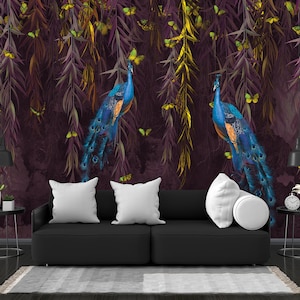Chinoiserie-Tapete, Wandbild Pfau, Schmetterlinge mit Blättern, Schälen und Aufkleben, Poster