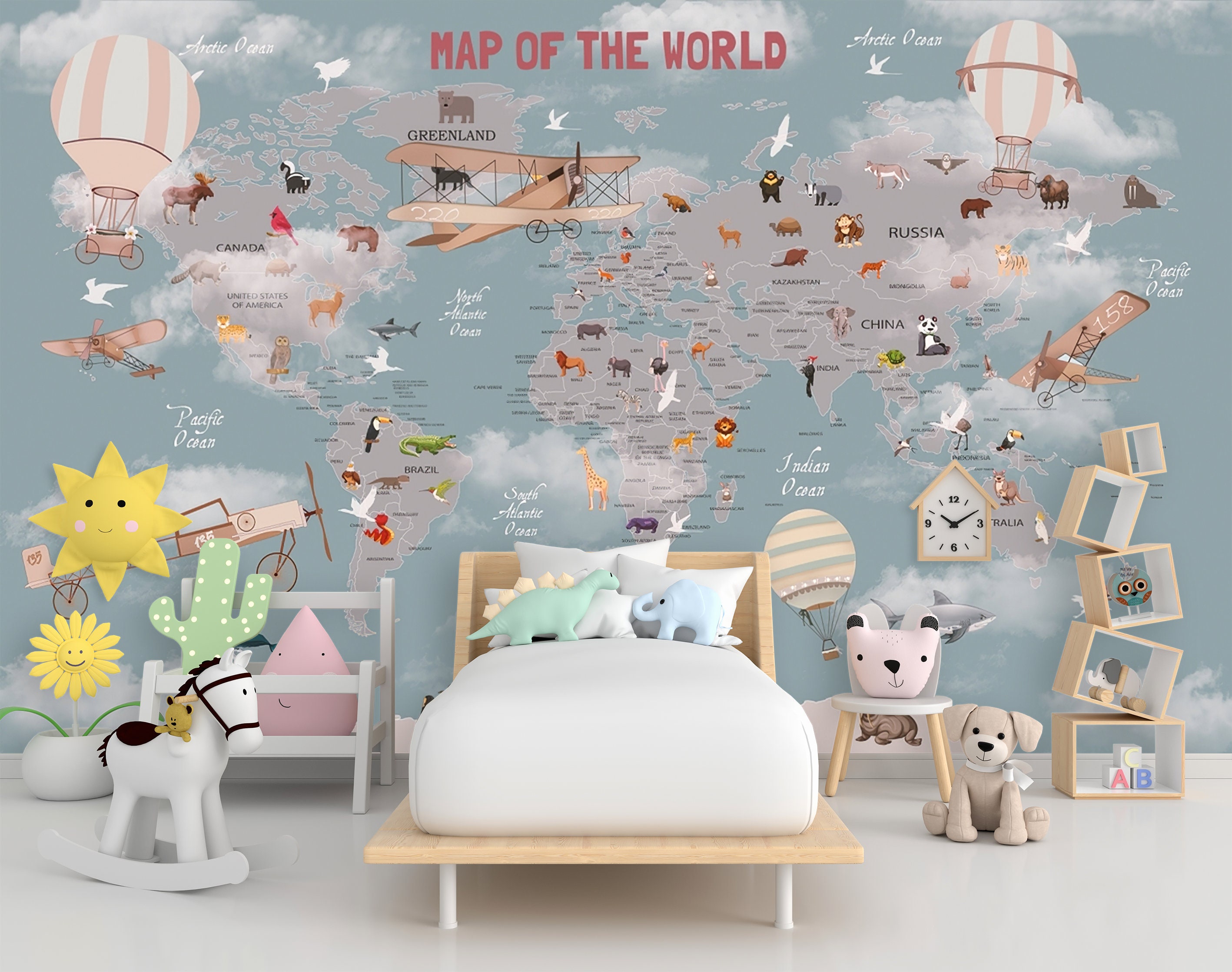 Buy Animal World Map Decal: Peel and Stick Nursery Wall Mural Online in ...