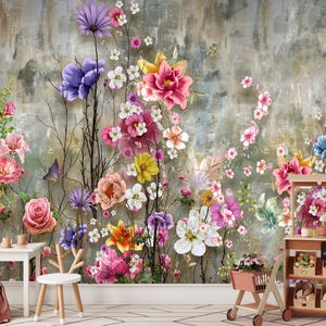 Décoration murale murale vintage en ciment, fleurs multicolores printanières, décoration murale florale