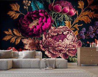 May include: A large floral wall mural featuring vibrant magenta and mauve peonies with gold and teal accents against a dark background. The image includes a gray sectional sofa and a wooden dresser.