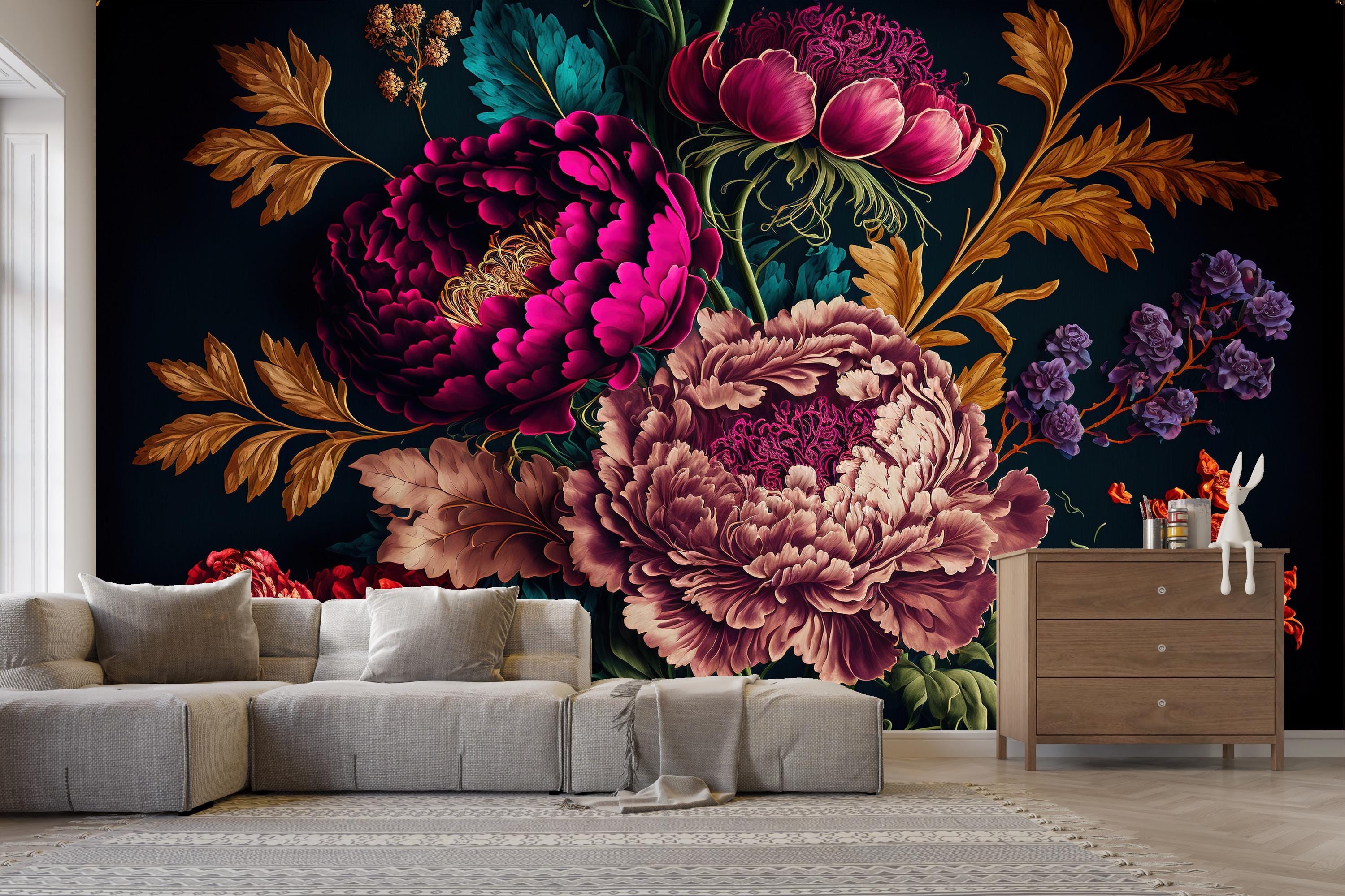 Dark Peony Floral Wallpaper Art Print Peel and Stick - Etsy