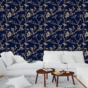Navy Blue Floral Wallpaper: Gold Botanical Peel and Stick