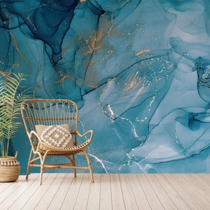 Watercolor Blue Marble Wallpaper: Abstract Turquoise Mural (Peel and Stick)