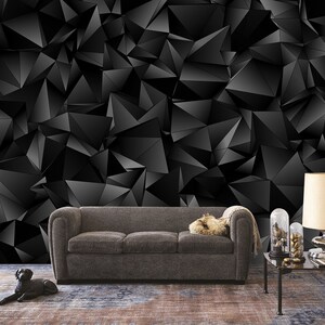 Polygon Geometric Pattern Black Wallpaper , Indoor Wall Coverings Peel And Stick - Non Woven