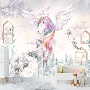 Rainbow Pegasus llustration for Wallpaper, Mural, interior Decoration. Kids Room Wallpaper, Peel and Stick