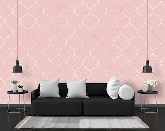 Carta da parati geometrica con linee dorate e sfondo rosa chiaro dorato, stacca e attacca / tessuto non tessuto