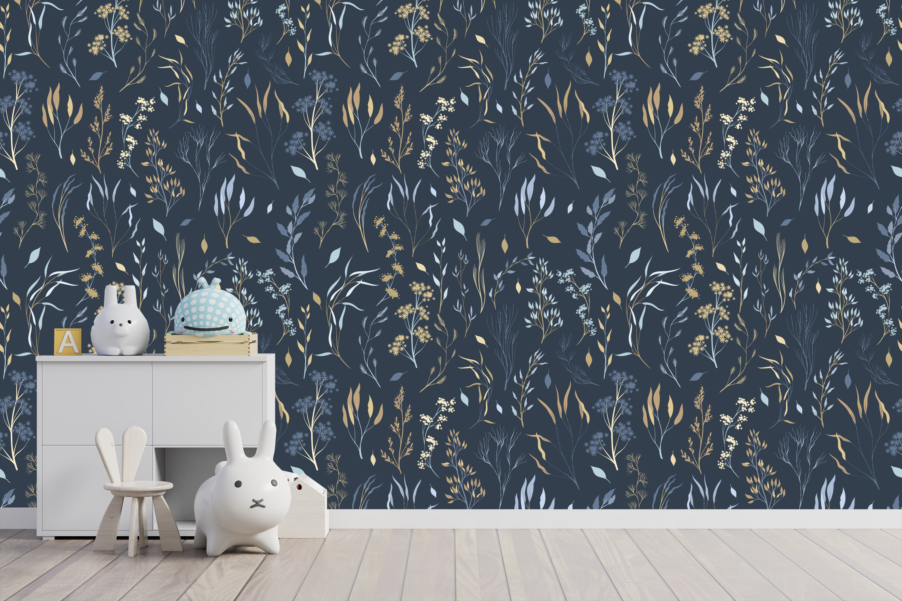 Dark Blue Wallpaper Gold Color Twigs Wallpaper Vintage Navy Etsy